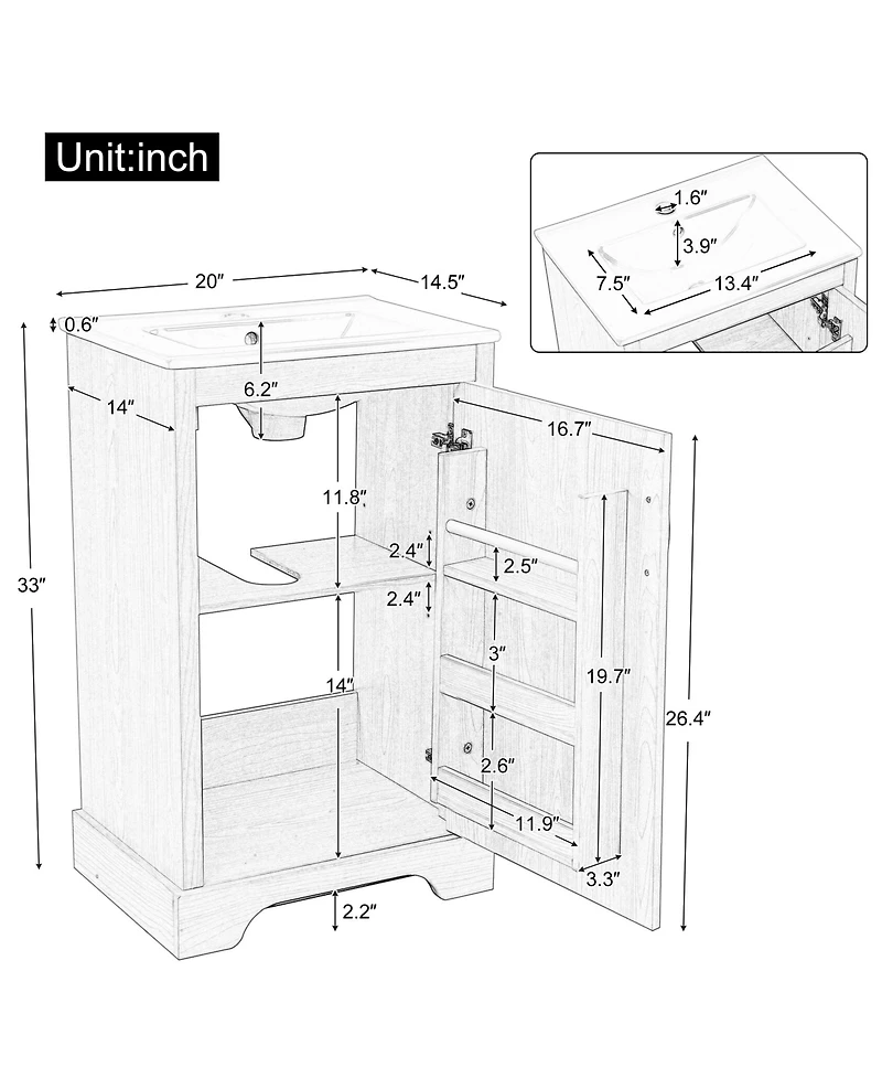 Casainc 20" Bathroom Vanity with Sink, Soft Closing Door, Adjustable Shelf, Natural Wood Rack