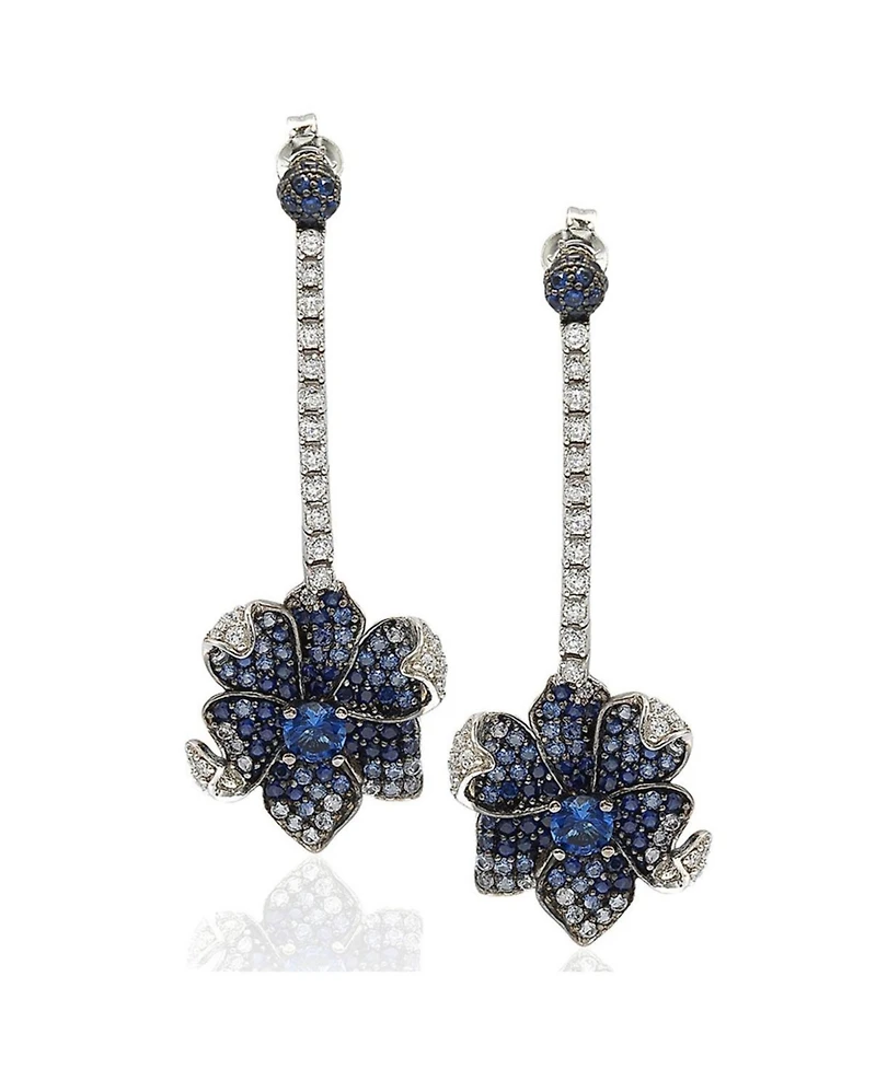 Suzy Levian New York Sterling Silver Sapphire & Created White Flower Petal Drop Dangle Earrings