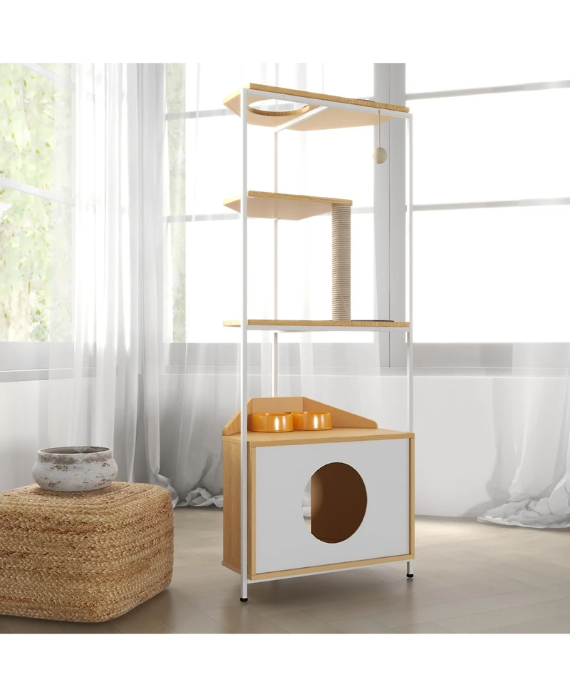 Aostirmotor Corner Cat Tower Cat Tree with Scratching Post Cat House with Feeding Station and Climbing Platforms