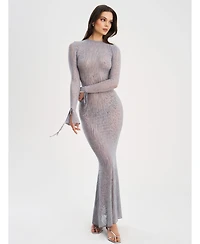 Miss Circle Women Waylynn Gray Animal Print Burnout Velvet Detail Mesh Backless Maxi Dress