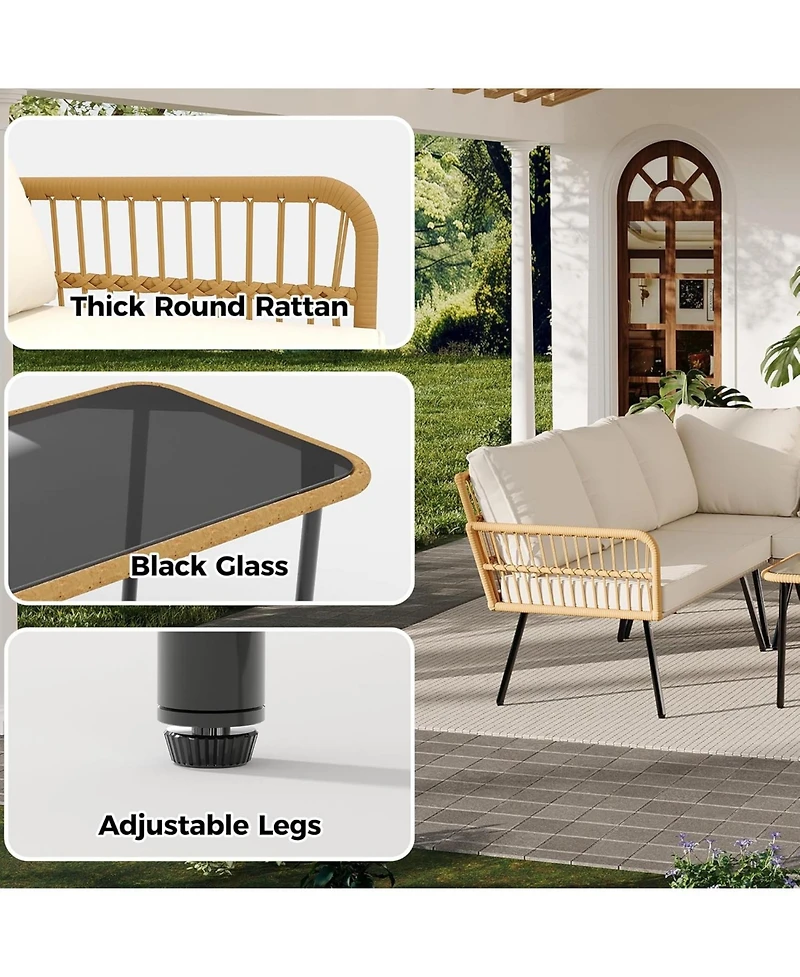 gaomon 4 Pieces Beige Boho Rattan Patio Furniture Set, L-Shaped Sectional with Cushions, Side Table & Chairs for Apartment & Backyard