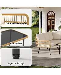 gaomon 4 Pieces Beige Boho Rattan Patio Furniture Set, L-Shaped Sectional with Cushions, Side Table & Chairs for Apartment & Backyard