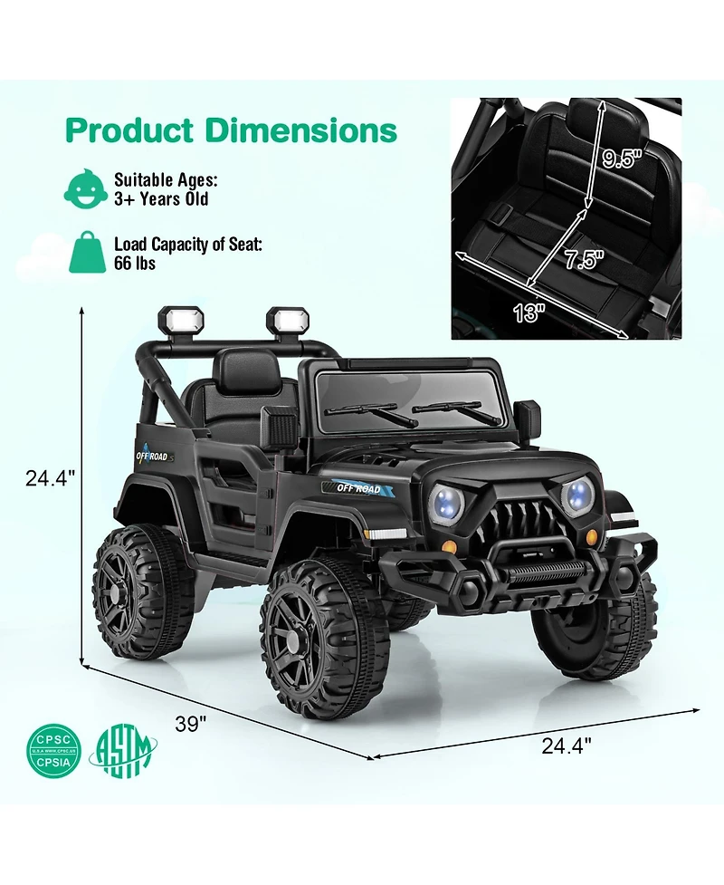 Akiudex 12V Kids Ride-On Truck Car with Remote Control, Threaded Wheels, and 3 Speeds - Black