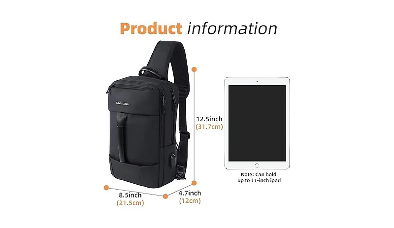 14-16 inch Sling Bag for Men,Black Crossbody Bag with Usb Charging Port Fits 10.2inch iPad, Casual Daypack(Black)