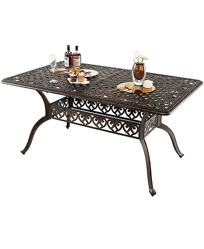 Gymax 59'' Patio Rectangle Dining Table Outdoor Cast Aluminum Table with Umbrella Hole