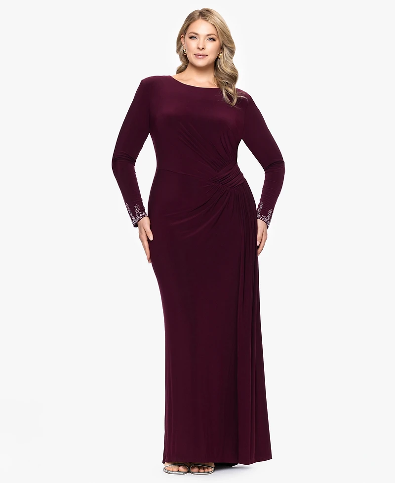 Betsy & Adam Plus Long Sleeve Beaded Dress