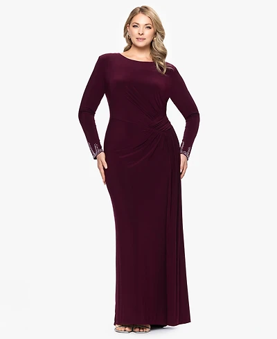Betsy & Adam Plus Long Sleeve Beaded Dress