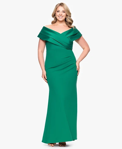 Betsy & Adam Plus Mixed-Material Off-The-Shoulder Gown