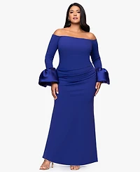 Betsy & Adam Plus Scuba Bell Sleeve Off-The-Shoulder Long Dress