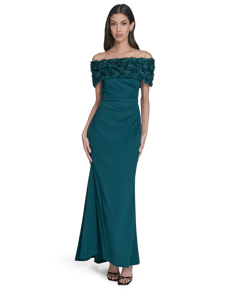 Eliza J Petite Rosette-Trim Off-The-Shoulder Evening Gown