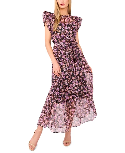 CeCe Women's High Neck Flutter Sleeve Maxi Dress
