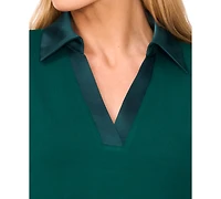CeCe Women's Woven-Collar Knit Long-Sleeve Top