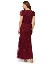 Adrianna Papell Women's Floral Bead Embellished Blouson Short-Sleeve Gown