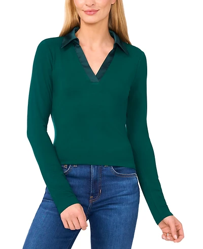 CeCe Women's Woven-Collar Knit Long-Sleeve Top