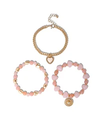 Jessica Simpson Set of 3 Pink and Gold-Tone Beaded Stretch Bracelets
