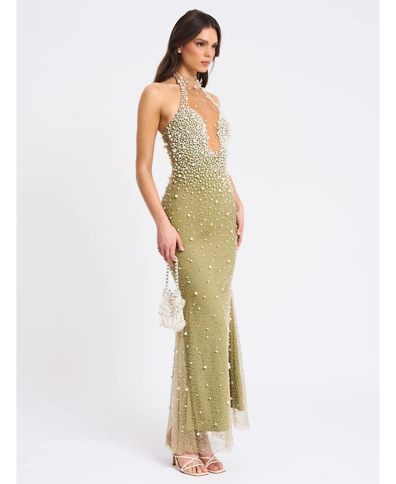 Miss Circle Women's Ginny Pear Green Pearl Embellished Backless Gown