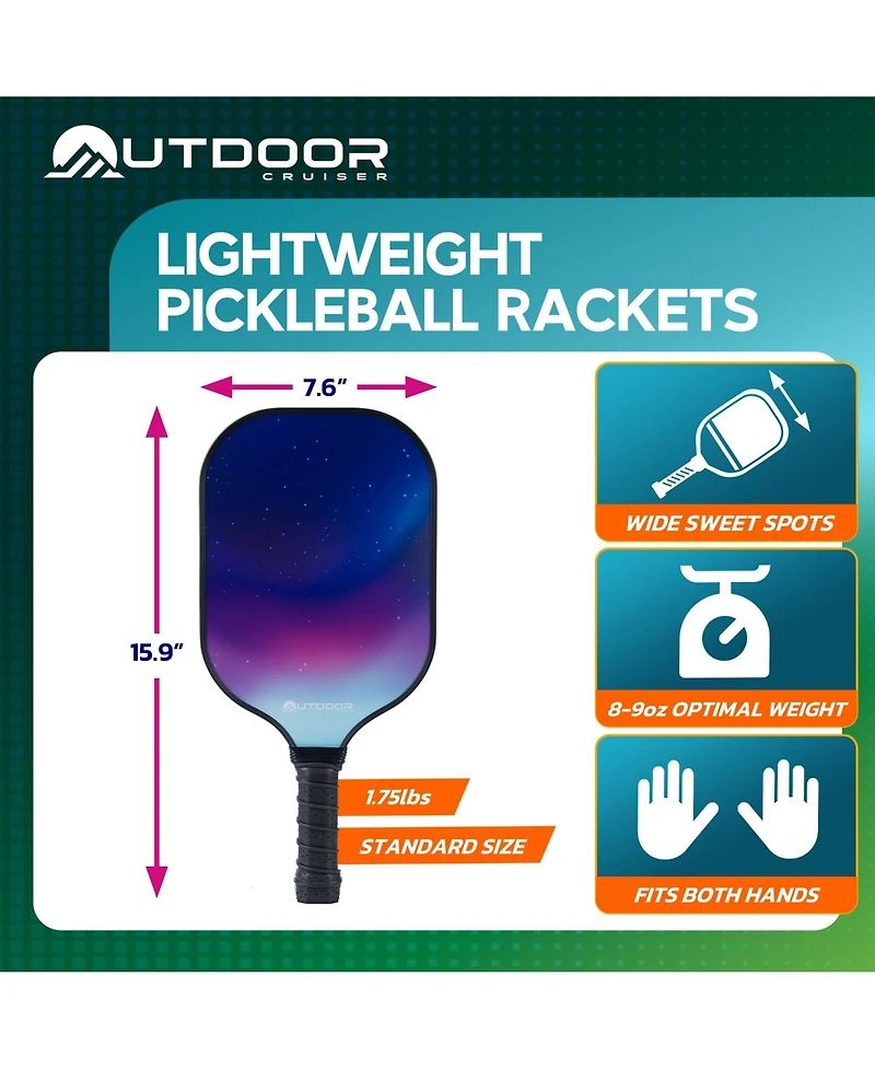 Outdoor Cruiser Pickleball Paddle Set – Usapa Approved, Premium Fiberglass Paddles with Lightweight Shock-Absorbing Grip, Includes 2 Rackets, 4