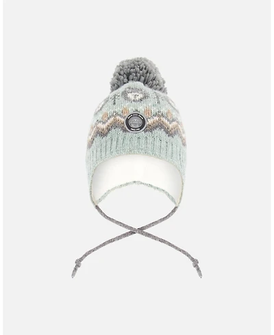 Deux par Boy Lined Peruvian Knit Pompom Hat Gray and Sage - Toddler|Child