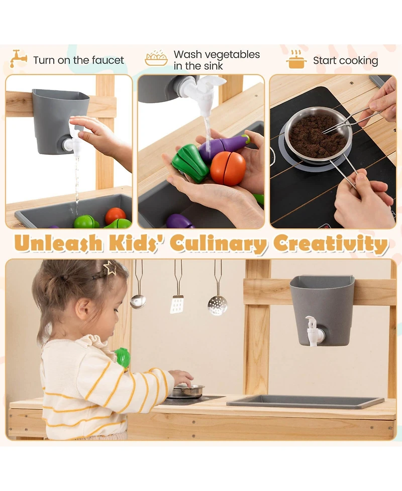 3-Piece Outdoor Wooden Kitchen Playset Kids Mud Kitchen Bbq Grill & Pizza Oven
