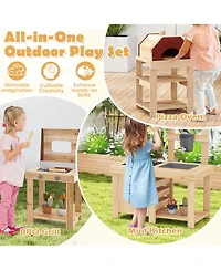 3-Piece Outdoor Wooden Kitchen Playset Kids Mud Kitchen Bbq Grill & Pizza Oven