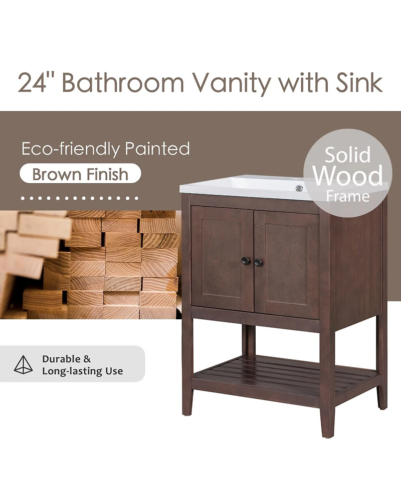 Casainc 24" Modern Bathroom Vanity with Ceramic Sink, Solid Wood Frame, Open Style Shelf