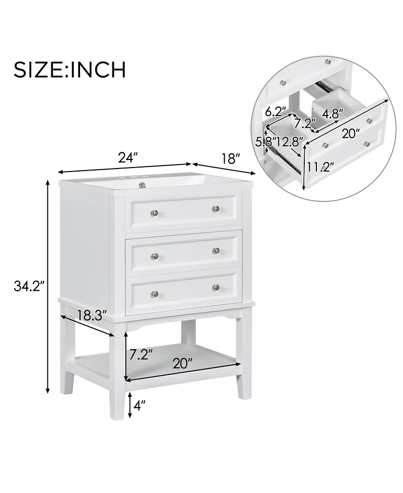 Casainc 24" Bathroom Vanity with Sink, Cabinet with Drawer and Open Shelf, Solid Wood Frame
