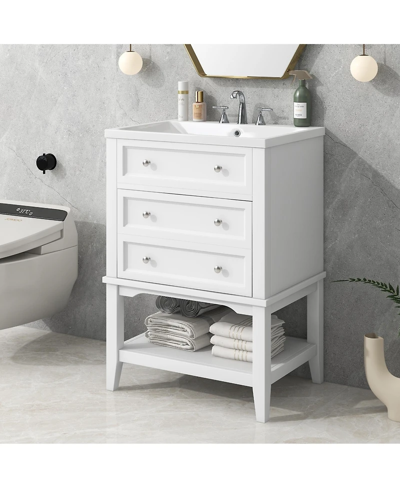 Casainc 24" Bathroom Vanity with Sink, Cabinet with Drawer and Open Shelf, Solid Wood Frame