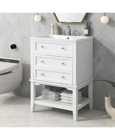 Casainc 24" Bathroom Vanity with Sink, Cabinet with Drawer and Open Shelf, Solid Wood Frame