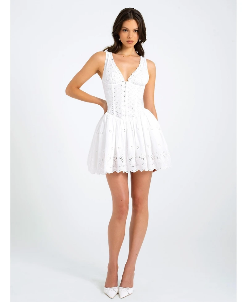 Miss Circle Women Aaliyah White Eyelet Plunging Halter Drop Waist Mini Dress