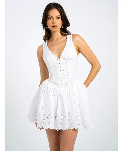 Miss Circle Women Aaliyah White Eyelet Plunging Halter Drop Waist Mini Dress