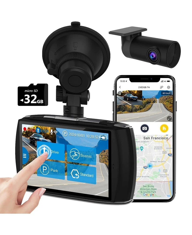 Z-edge T4 4K Dash Cam, 2K Front + 1080P Rear, 4 inch Touchscreen, Wdr Night Vision, G Sensor, Loop Recording, 24 Hour Parking Mode, Built in Wi Fi, Su