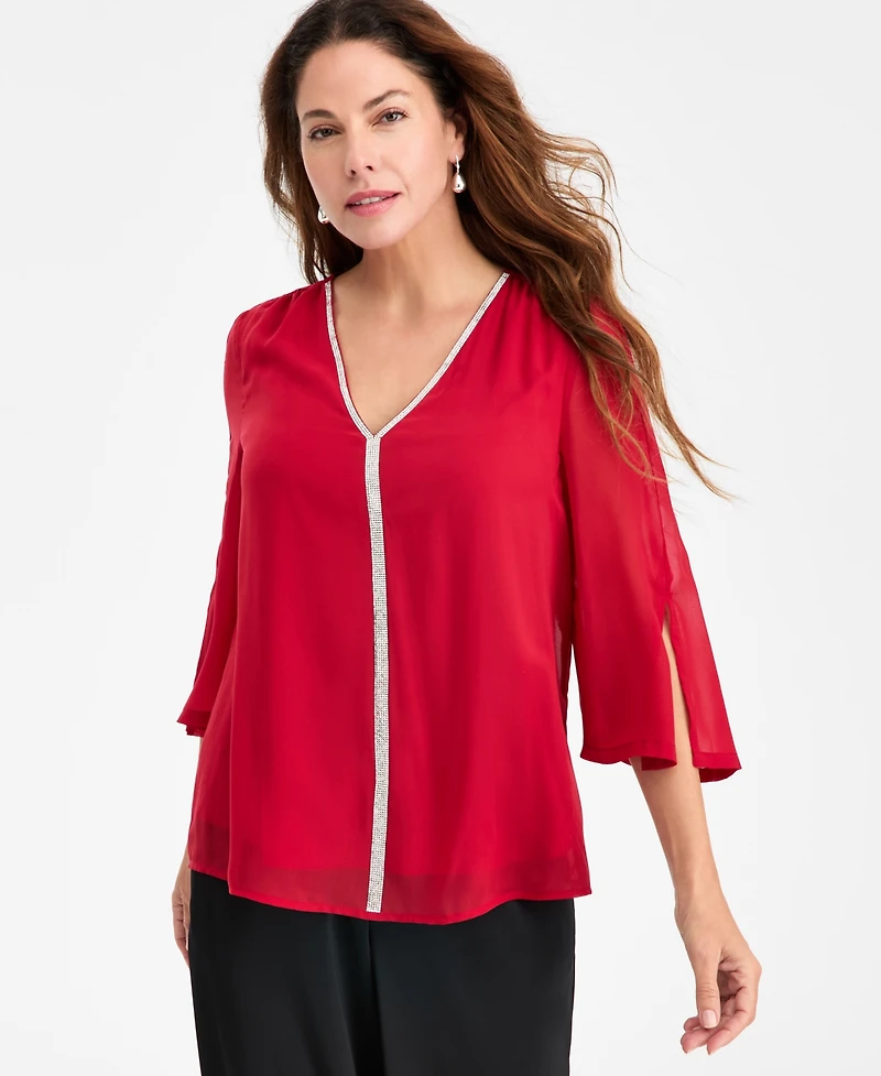 Jm Collection Women's Embellished V-Neck 3/4-Sleeve Blouse, Macy's Exclusive