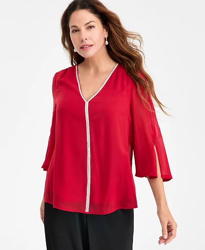 Jm Collection Women's Embellished V-Neck 3/4-Sleeve Blouse, Macy's Exclusive