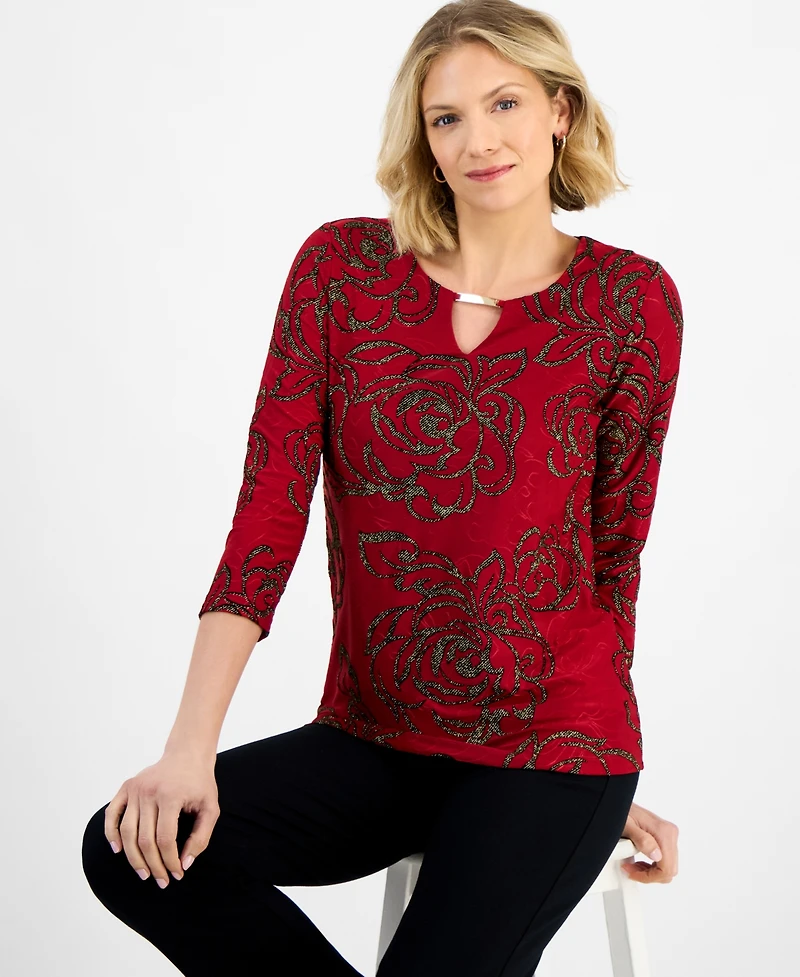 Jm Collection Women's Floral Shine Keyhole Jacquard Top, Macy's Exclusive
