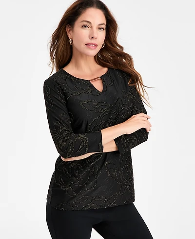 Jm Collection Women's Floral Shine Keyhole Jacquard Top, Macy's Exclusive