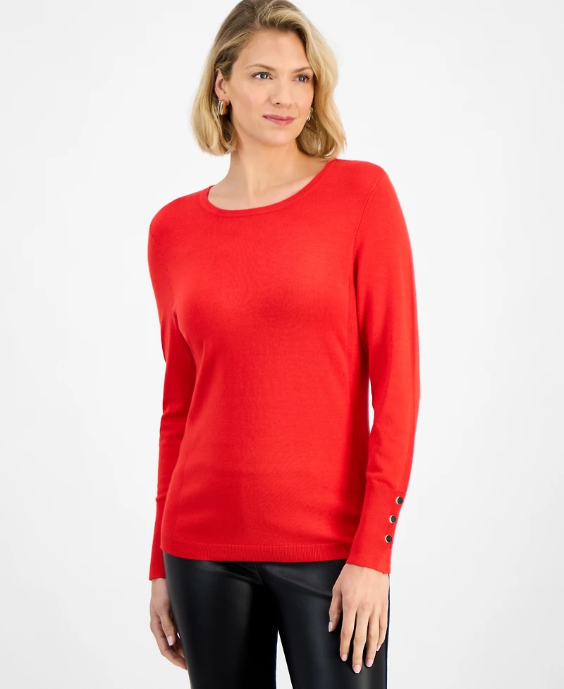 Jm Collection Women's Button-Sleeve Crewneck Sweater, Created for Macy's