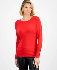 Jm Collection Women's Button-Sleeve Crewneck Sweater, Created for Macy's