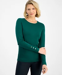 Jm Collection Women's Button-Sleeve Crewneck Sweater, Created for Macy's