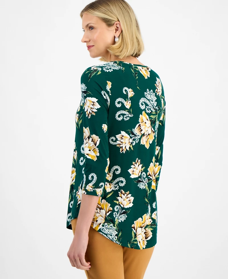 Jm Collection Women's Printed Scoop-Neck 3/4-Sleeve Top, Macy's Exclusive