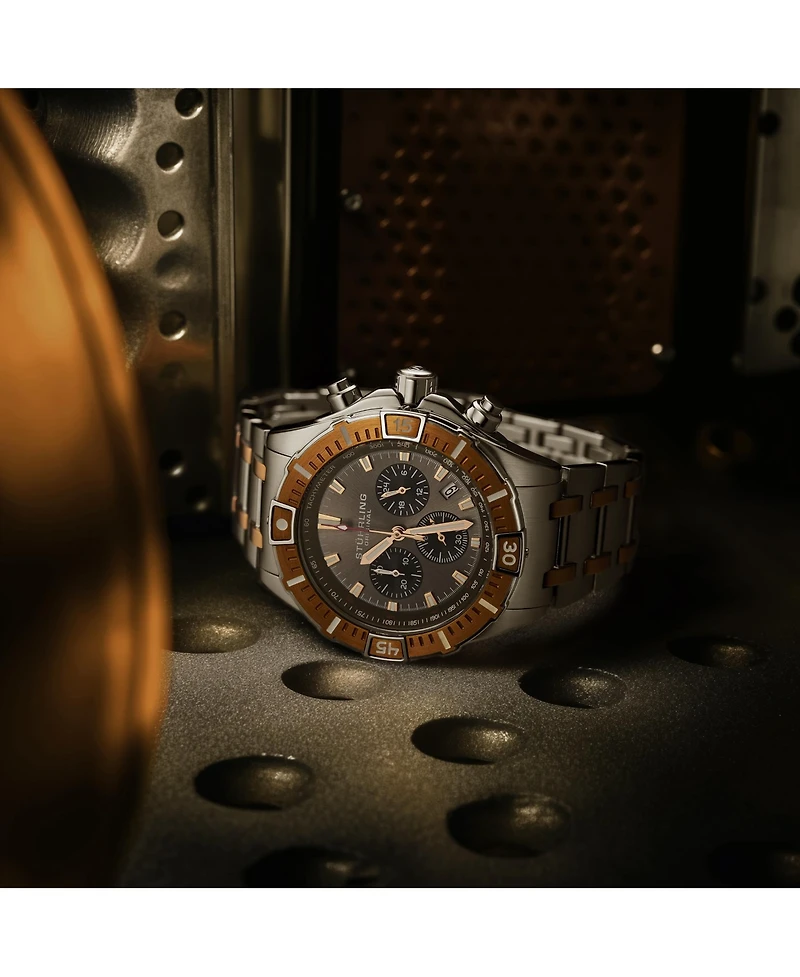 Stuhrling 1022 Men s Chronograph Watch Quartz Movement Gunmetal Dial Black Subdials Black Bezel Two Tone Stainless Steel Bracelet 50M Water Resistant