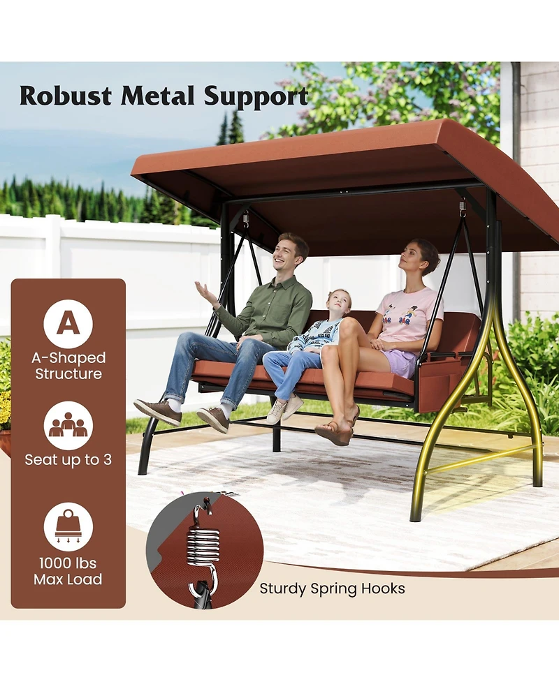Gymax 3-Seat Patio Swing w/ Canopy & Removable Cushions Side Pockets Stand