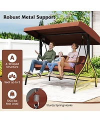 Gymax 3-Seat Patio Swing w/ Canopy & Removable Cushions Side Pockets Stand
