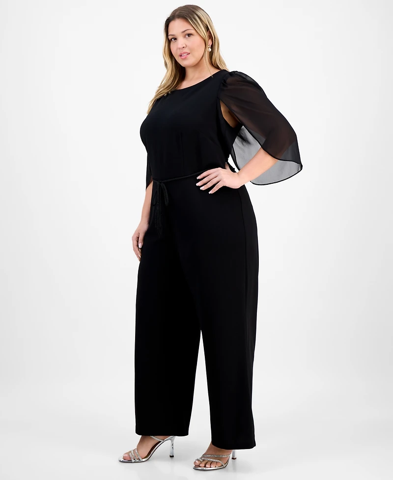 Connected Plus Bell-Sleeve Tassel-Belt Jumpsuit