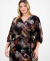 Connected Plus Woven Long-Sleeve Tie-Waist Dress