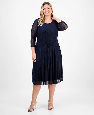 Connected Plus Mesh Long-Sleeve Round-Neck Dress