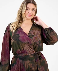 Robbie Bee Plus Long-Sleeve Printed Mesh A-Line Dress