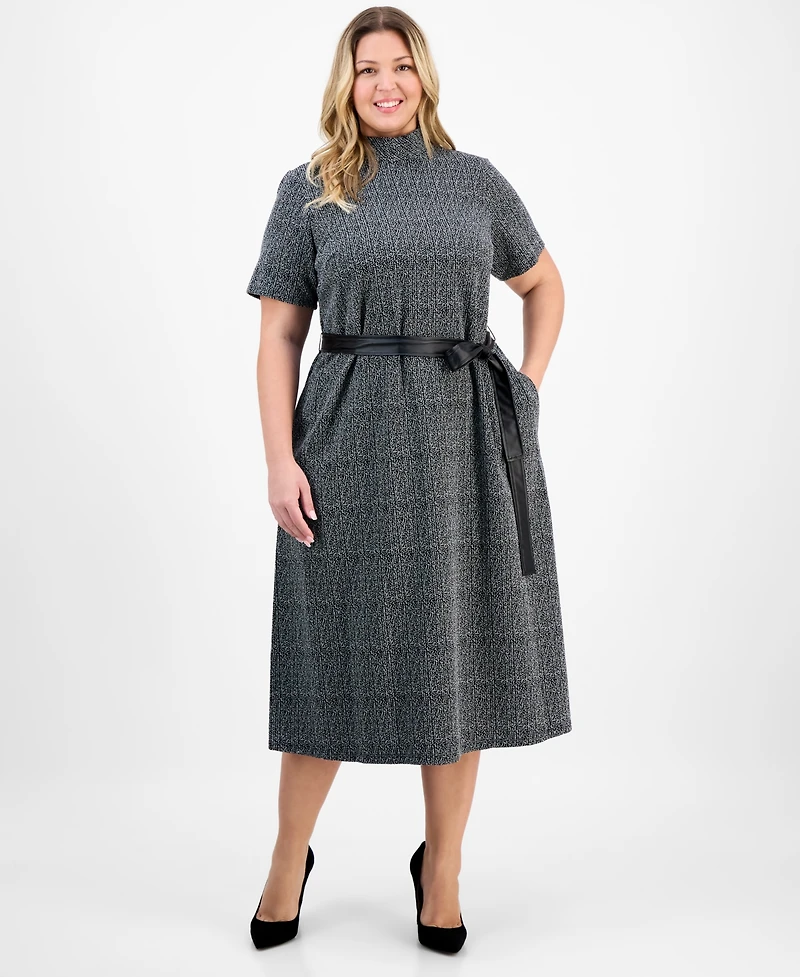 Robbie Bee Plus Mock Neck Short-Sleeve Boucle Midi Dress