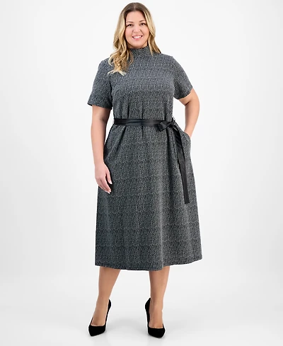 Robbie Bee Plus Mock Neck Short-Sleeve Boucle Midi Dress