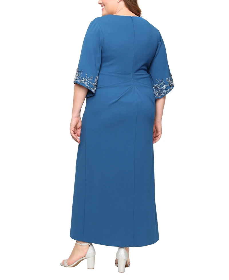 Alex Evenings Plus Long 3/4-Sleeve Stretch Crepe Column A-Line Dress