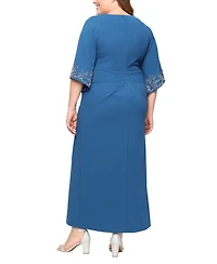 Alex Evenings Plus Long 3/4-Sleeve Stretch Crepe Column A-Line Dress